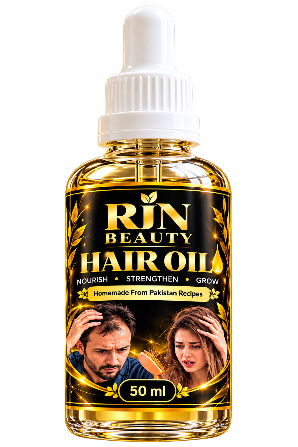 Botol RJN Beauty Hair Oil 50 ml dengan penitis putih dan label hitam emas